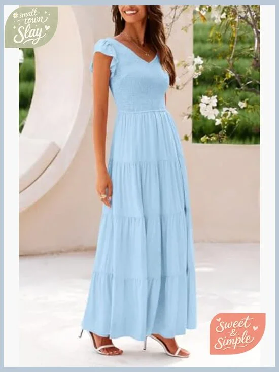 Flowy Maxi Dress with Smocked Top V Neck Cap Sleeve Summer Casual - Picture 4 of 7